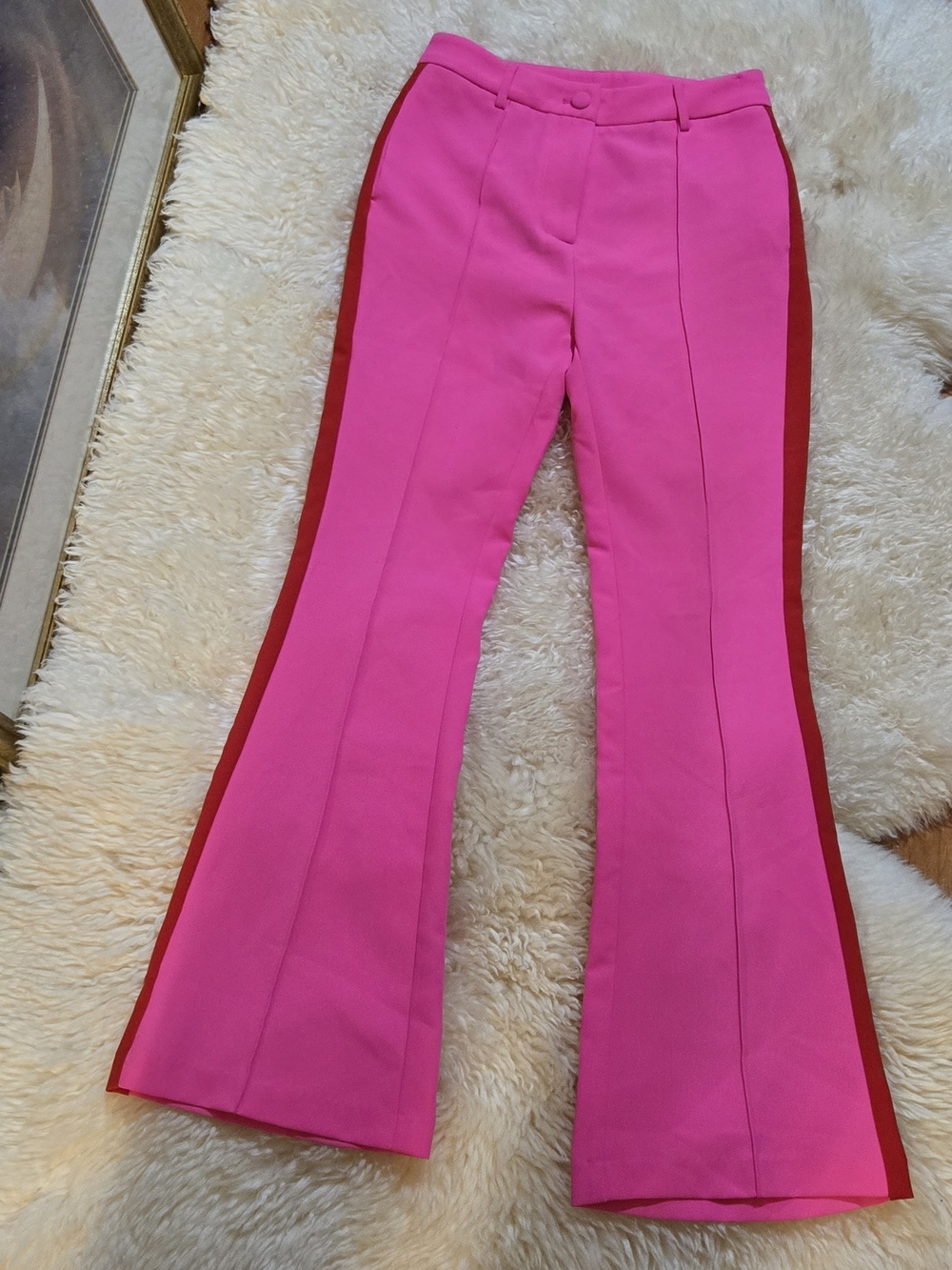 Pink Flared high waist Pants with Red Side Stripes Size Small